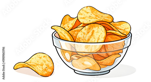 potato chips, snack bowl, glass bowl, crispy chips, fried snack, golden chips, crunchy food, salty snack, party snack, junk food, chip illustration, food design, snack collection, bowl of chips, tasty