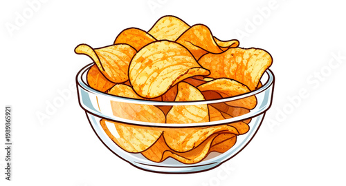 potato chips, snack bowl, glass bowl, crispy chips, fried snack, golden chips, crunchy food, salty snack, party snack, junk food, chip illustration, food design, snack collection, bowl of chips, tasty