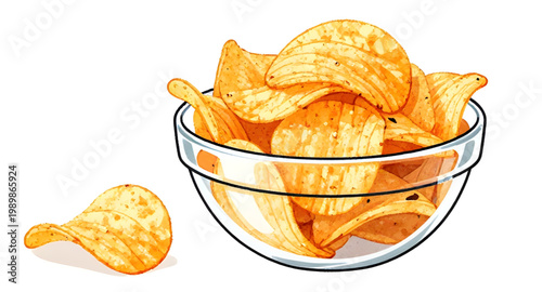 chips, bowl, glass, snack, food, crispy, potato, fried, golden, crunchy, salty, appetizer, munch, tasty, treat, illustration, detailed