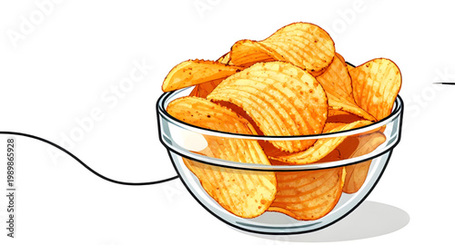 chips, bowl, glass, snack, food, crispy, potato, fried, golden, crunchy, salty, appetizer, munch, tasty, treat, illustration, detailed