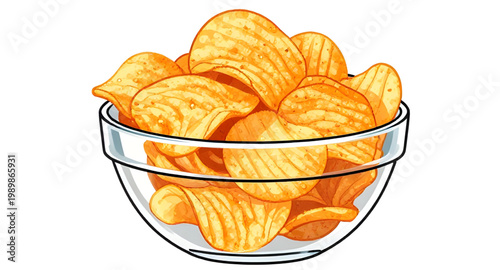 potato chips, snack bowl, glass bowl, crispy chips, fried snack, golden chips, crunchy food, salty snack, party snack, junk food, chip illustration, food design, snack collection, bowl of chips, tasty
