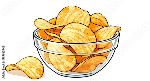 potato chips, snack bowl, glass bowl, crispy chips, fried snack, golden chips, crunchy food, salty snack, party snack, junk food, chip illustration, food design, snack collection, bowl of chips, tasty