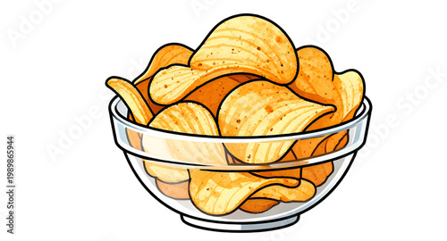chips, bowl, glass, snack, food, crispy, potato, fried, golden, crunchy, salty, appetizer, munch, tasty, treat, illustration, design