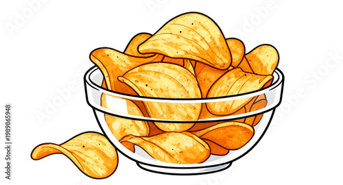 chips, bowl, glass, snack, food, crispy, potato, fried, golden, crunchy, salty, appetizer, munch, tasty, treat, illustration, design