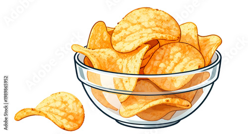 chips, bowl, glass, snack, food, crispy, potato, fried, golden, crunchy, salty, appetizer, munch, tasty, treat, illustration, design