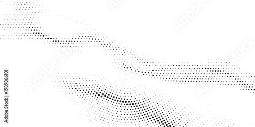 Abstract black halftone dot wave background, elegant monochrome vector pattern with smooth flowing curves, creative minimalist design for artistic banners, web headers, and modern print media
