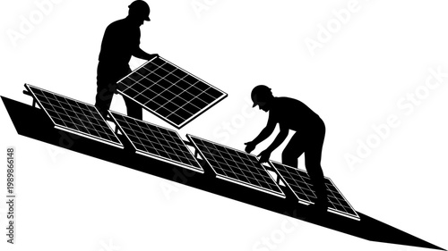 Silhouette of two workers installing solar panels on a roof with white background