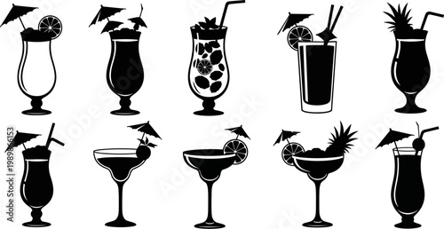 collection of black silhouette cocktail glasses with umbrellas and straws on white