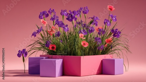 Vibrant purple irises and small pink blossoms bloom from a modern planter set against a soft background