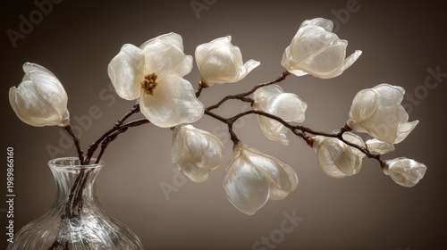 Translucent, artificial blossoms on dark branches emerge from a clear glass vase against a muted background.