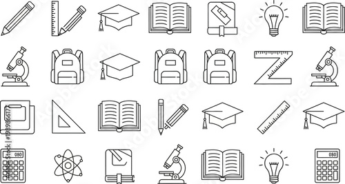 collection of various black line icons related to education on white background