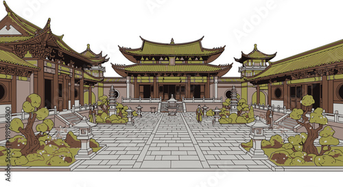 Ancient Chinese Temple Courtyard with Traditional Architecture