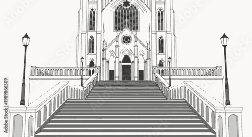 Grand Cathedral Facade with Wide Staircase and Decorative Street Lamps