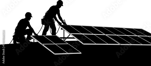 two workers installing solar panels on a roof with tools and equipment