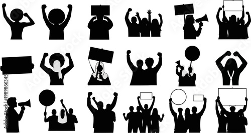 Collection of black silhouettes of people protesting and demonstrating with signs and megaphones