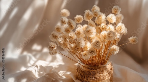 Dried natural flowers with fuzzy spherical heads displayed in a twine wrapped container are illuminated by warm sunlight casting soft shadows.