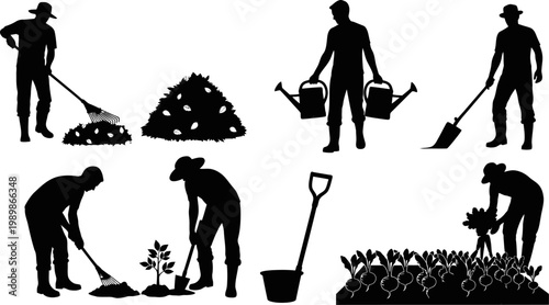 Silhouette illustrations of gardeners performing various gardening tasks with tools and plants
