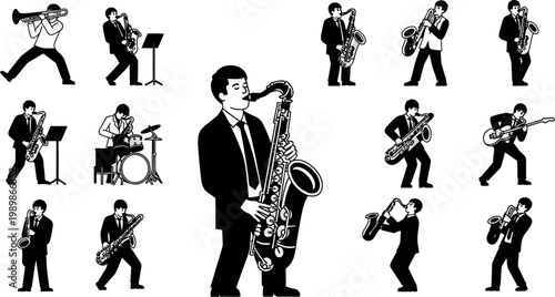 Black and white illustrations of musicians playing various musical instruments  saxophone trumpet drum guitar