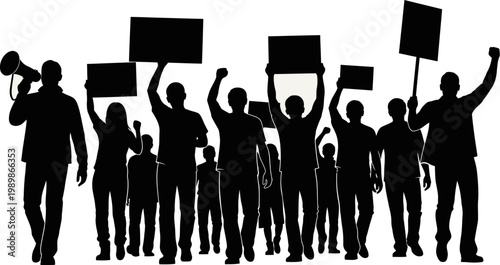 A group of people protesting with signs and a megaphone in a demonstration or rally