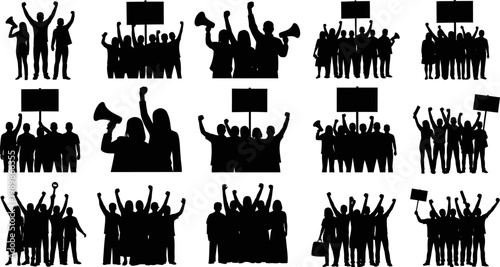 Collection of black silhouettes of people protesting and demonstrating in various poses on white background