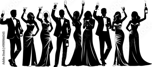 silhouette of people in formal wear holding glasses and bottles of alcohol  celebrating