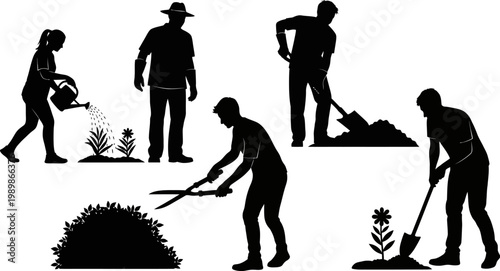 Silhouette of people gardening and working in the yard with various tools and plants