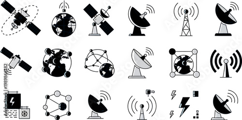 Collection of various satellite and communication technology icons including dish antennas and signal towers used for global communication networks and data transmission