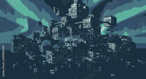 Futuristic Cityscape with Floating Structures and Aurora Borealis