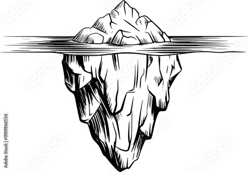 Black and white of an iceberg with visible underwater portion white background ocean