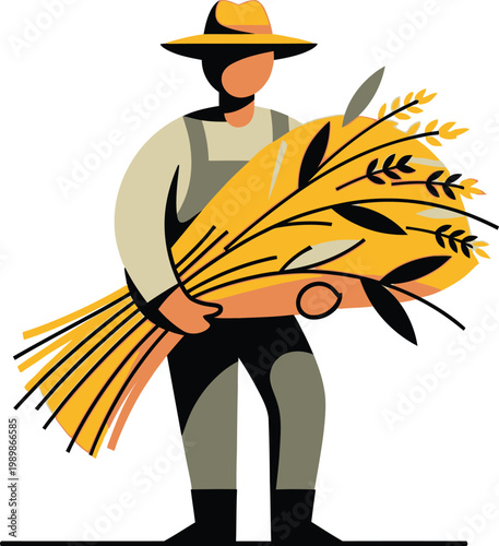 Farmer with wheat sheaf isolated on transparent background vintage illustration