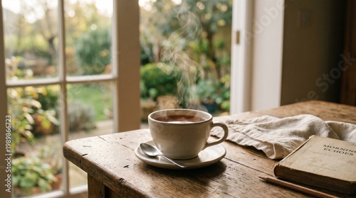 Steaming hot coffee cup on rustic wooden table, cozy morning atmosphere with garden view, warm beverage and vintage book in cottage interior