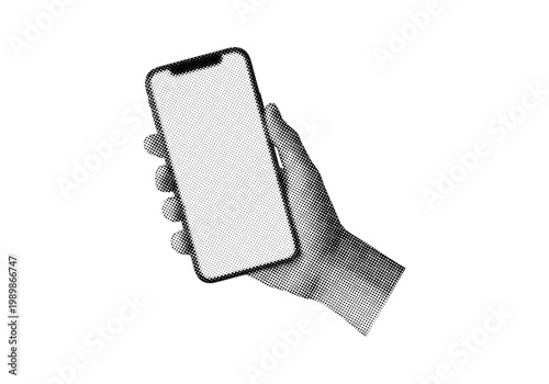 Trendy retro halftone hand holding smartphone art collage on transparent background