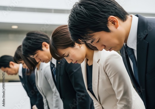 Line Of Japanese Businessmen And Businesswomen Bowing Outdoors Near A Modern Glass Building