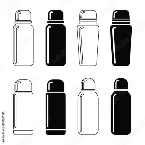 Thermos and Water Bottle Icon Set Black Silhouette Style