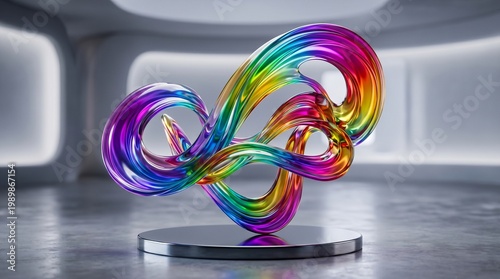 Rainbow glass infinity sculpture in modern gallery, colorful fluid glass art installation, abstract iridescent glass knot on pedestal