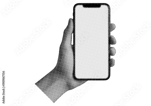 Trendy retro halftone hand holding smartphone art collage on transparent background