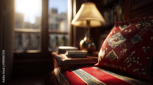 Warm indoor light illuminates a richly textured cushion near a window overlooking an urban scene.