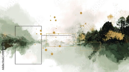 Abstract landscape painting combines muted green tones with striking gold accents and geometric overlays