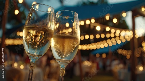 Two flute glasses filled with sparkling wine are raised for a celebratory toast outdoors during an evening event.