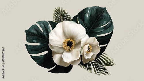 Lush arrangement of white blossoms surrounded by dark green tropical foliage against a light neutral background