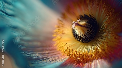 Extreme closeup reveals intricate details of a vibrant flower center with bright golden filaments