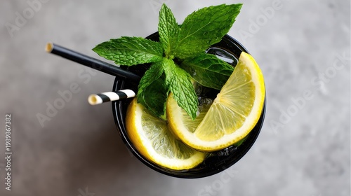 Refreshing cold beverage garnished with citrus slices and fresh herbs sits atop a textured surface.
