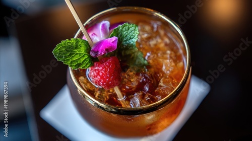 Refreshing amber beverage garnished with fresh fruit and edible blossom sits on a white surface