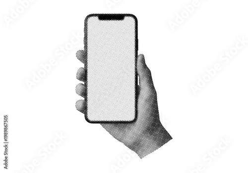 Trendy retro halftone hand holding smartphone art collage on transparent background