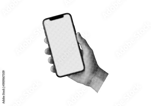Trendy retro halftone hand holding smartphone art collage on transparent background