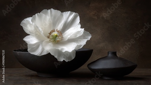 Delicate white bloom rests within a dark stoneware bowl beside a complementary lidded vessel