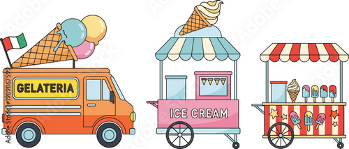 Colorful ice cream truck and carts with canopy vector illustration representing street food vendor branding summer snack fun freshness