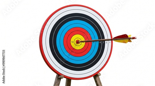 Archery target with arrow in bullseye, colorful circular bullseye target on wooden stand, success and achievement concept on white background