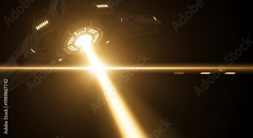 Futuristic Spaceship Emitting Powerful Golden Light Beam in Deep Space