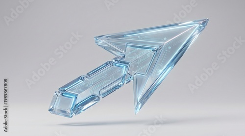 Futuristic glass cursor icon, 3D translucent blue mouse pointer, crystalline digital arrow symbol for technology and software interface design